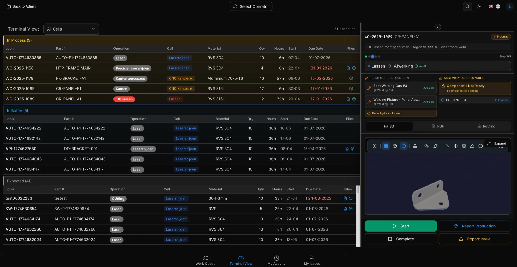 Operator terminal with 3D viewer and part details